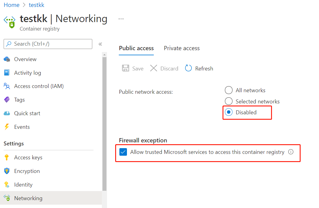 Screenshot of the "Networking" pane for disabling public network access to an Azure Container Registry instance.