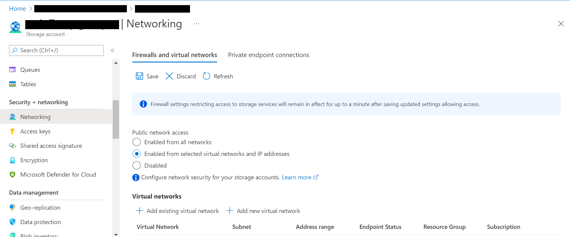 Screenshot of Azure Storage Networking Settings.