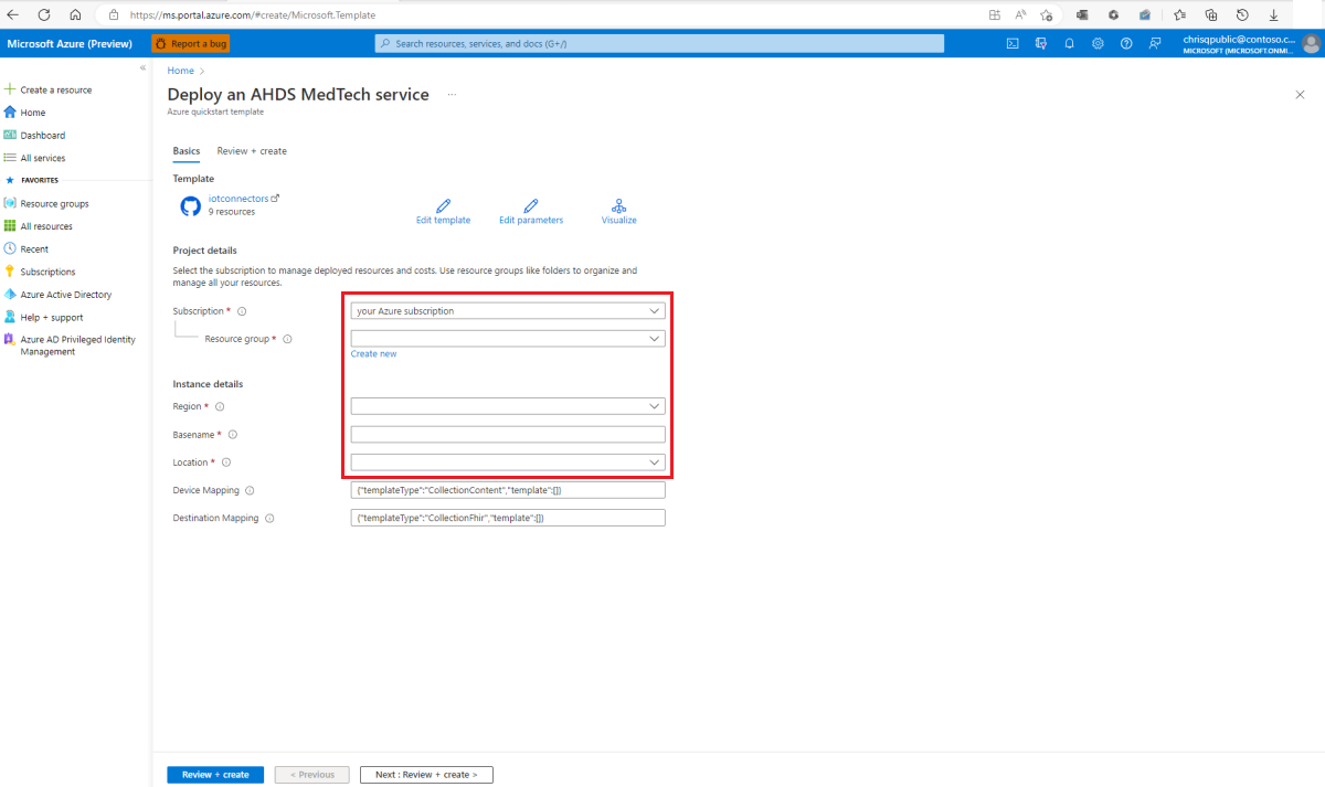 Screenshot of Azure portal page displaying deployment options for the Azure Health Data Service MedTech service.