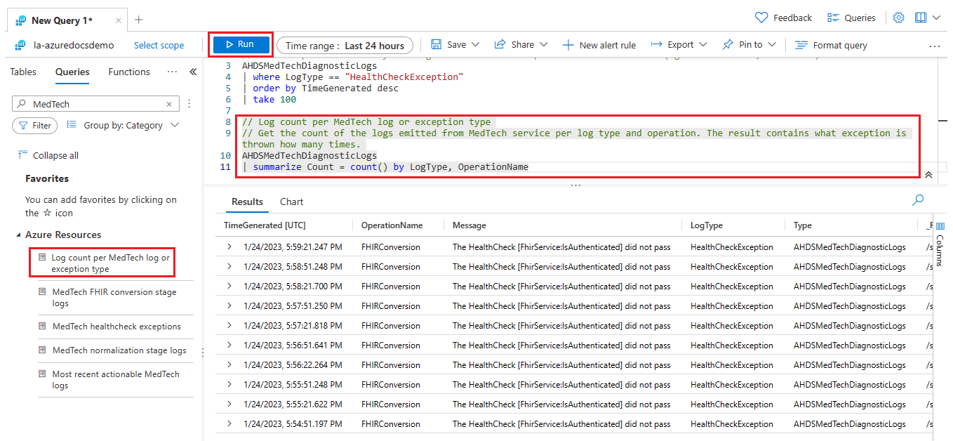 Screenshot of searching, selecting, and running a MedTech service and additional pre-defined query.