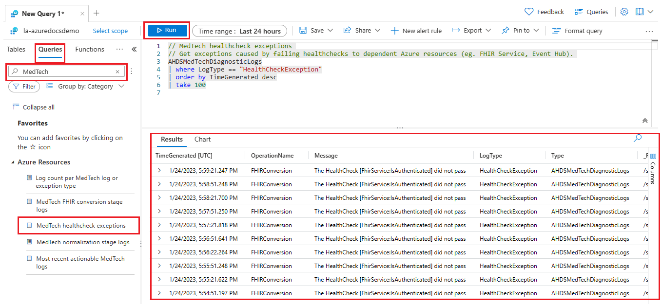 Screenshot of searching, selecting, and running a MedTech service pre-defined query.