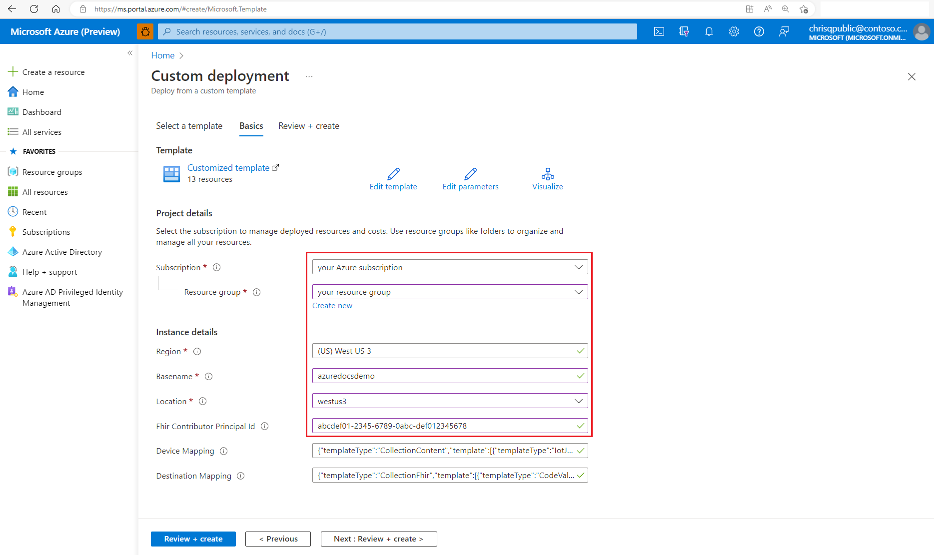 Screenshot that shows deployment options for the MedTech service for Health Data Services in the Azure portal.