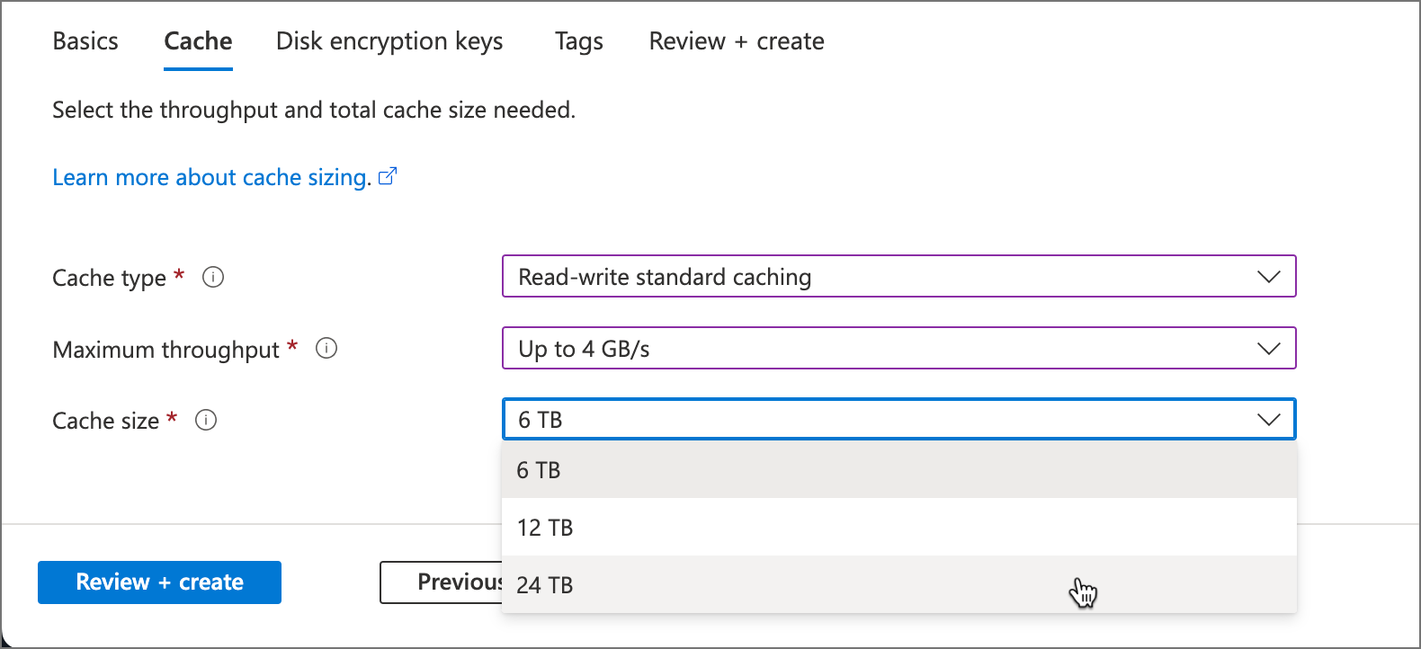 Screenshot of the Cache tab in the HPC Cache creation workflow. The Cache type field is filled with Read-write standard caching, and the Maximum throughput field is filled with Up to 4 GB/s. The Cache size menu is expanded and shows several selectable size options: 6 TB, 12 TB, and 24 TB.