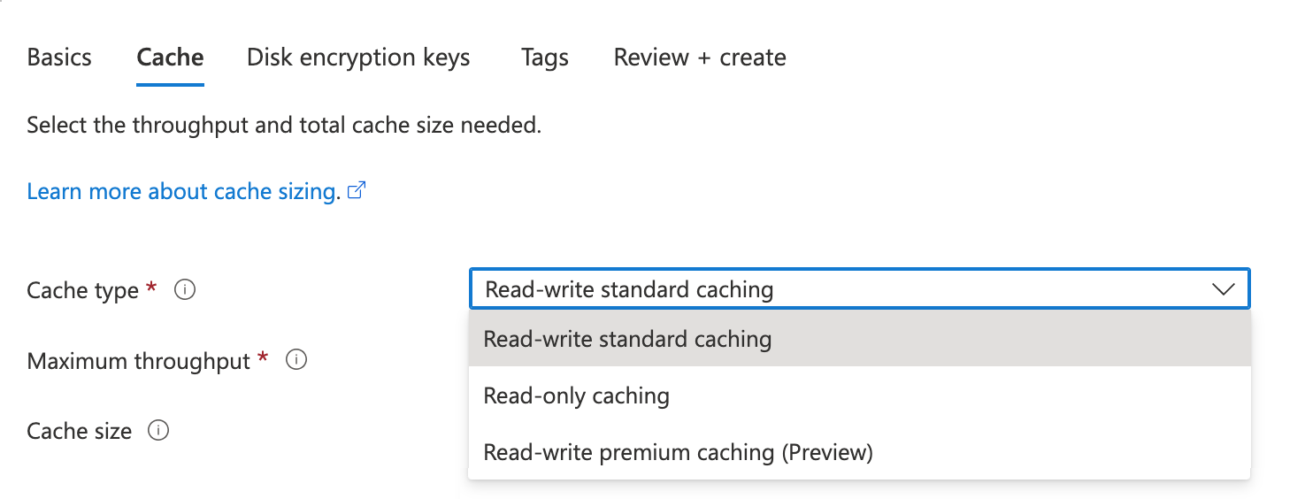 Screenshot of the cache tab in the Azure portal create wizard, with the Cache type selector open.
