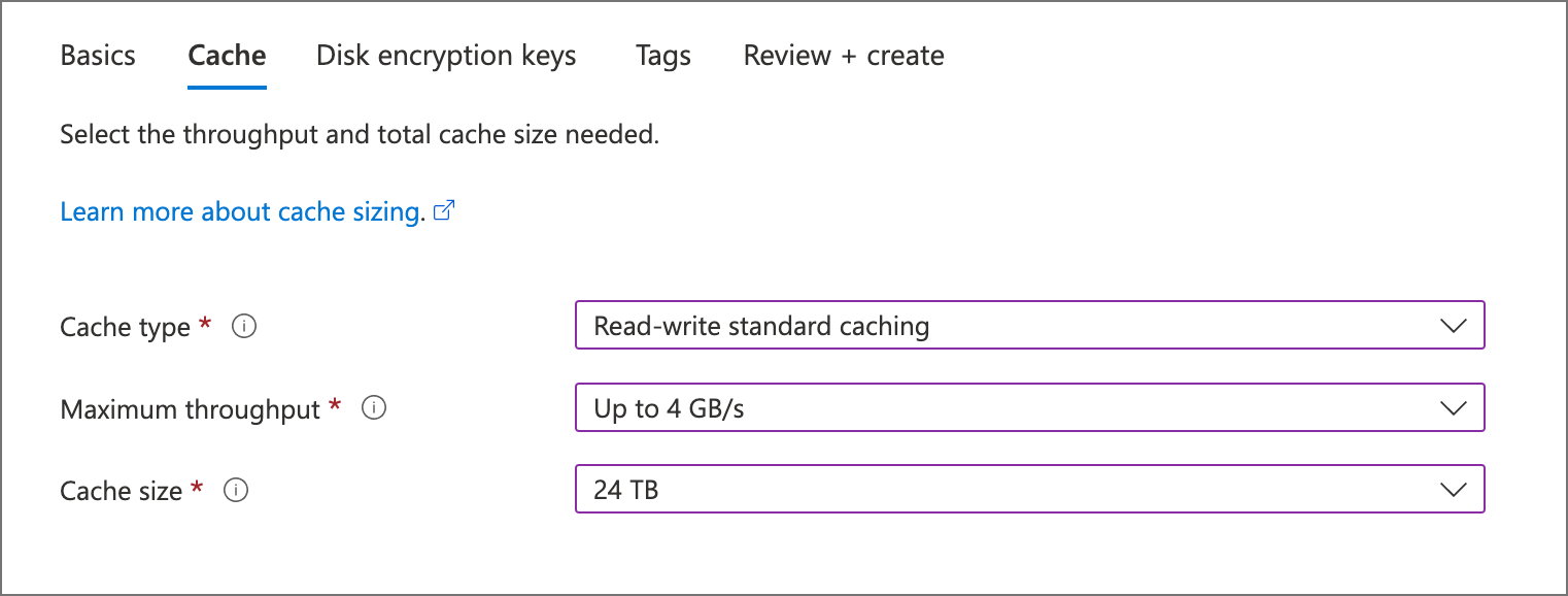 Screenshot of the cache tab in the Azure portal create wizard. There are controls for selecting cache type, maximum throughput, and cache size.