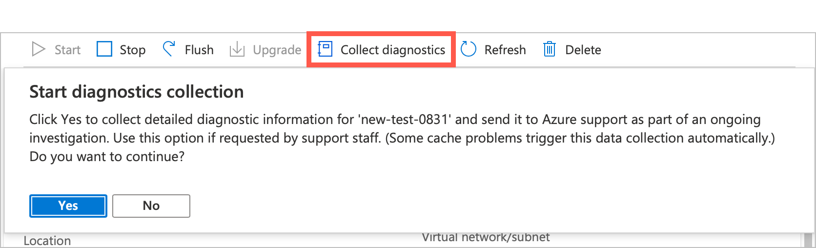 screenshot of the 'Start diagnostics collection' pop-up confirmation message. The default button 'yes' is highlighted.