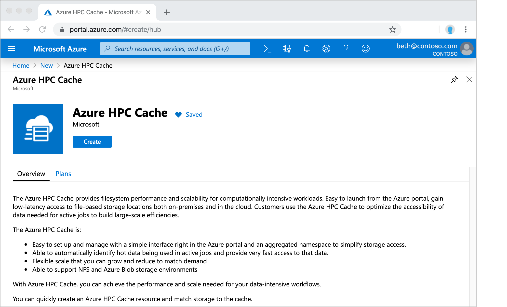 screenshot of cache overview in Azure portal, with create button at the bottom
