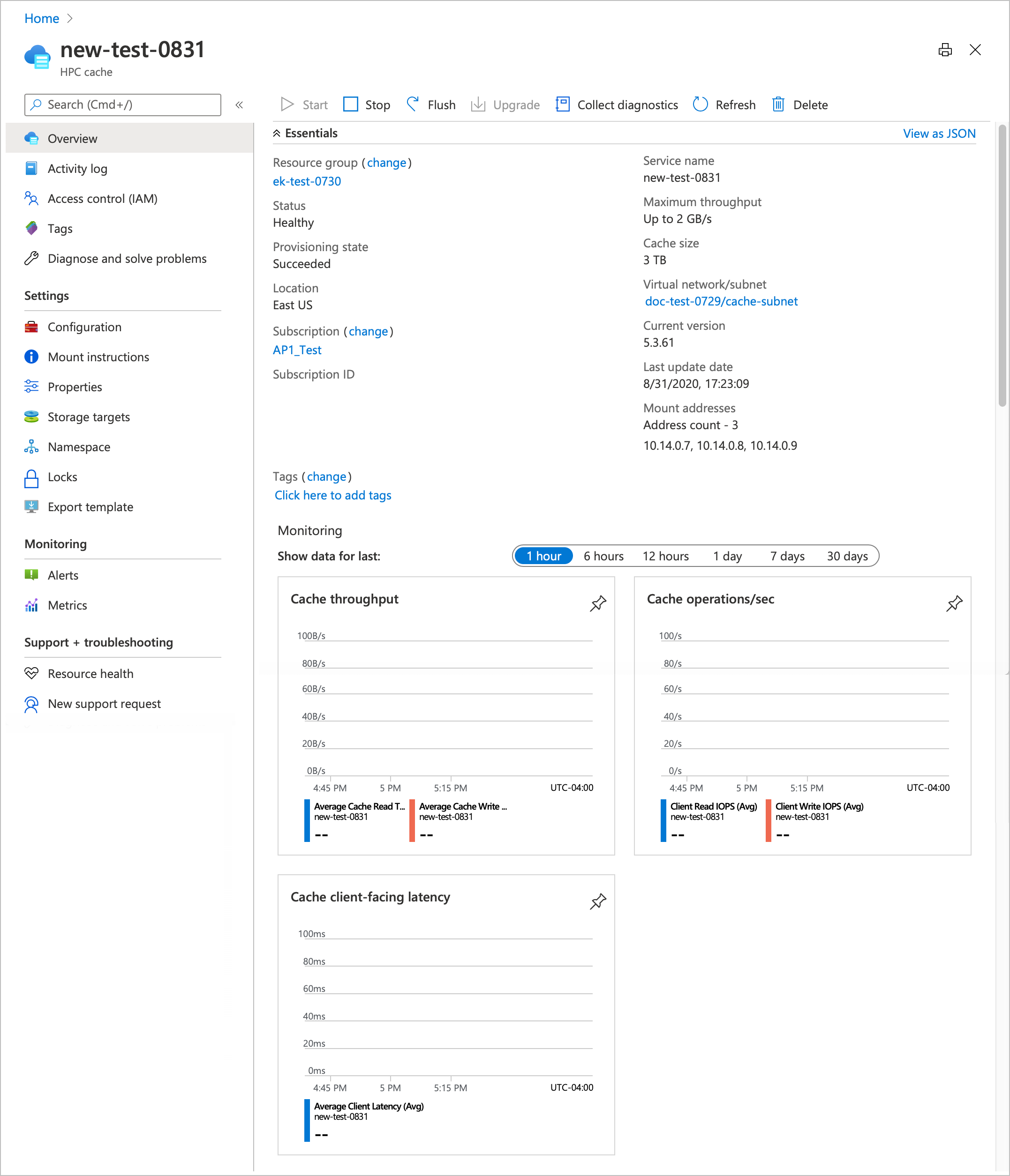 screenshot of an Azure HPC Cache instance's Overview page