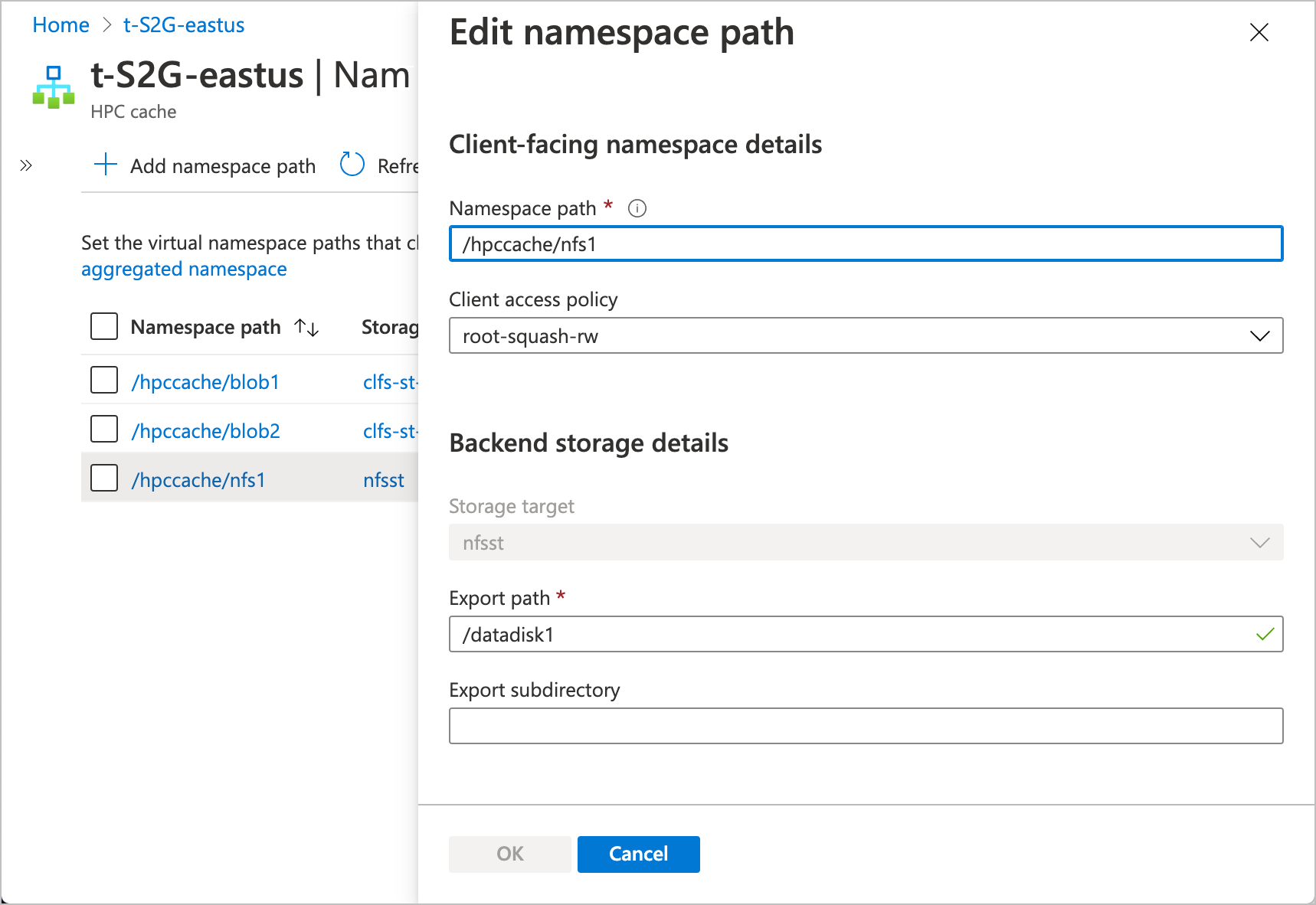 Screenshot of the portal namespace page with the edit page open at the right. The edit form shows settings for an N F S storage target namespace path.