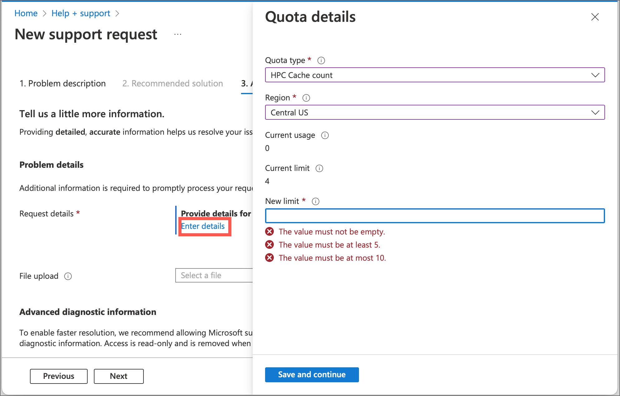 Screenshot of Azure portal details form for HPC Cache, with options to select region and new limit.