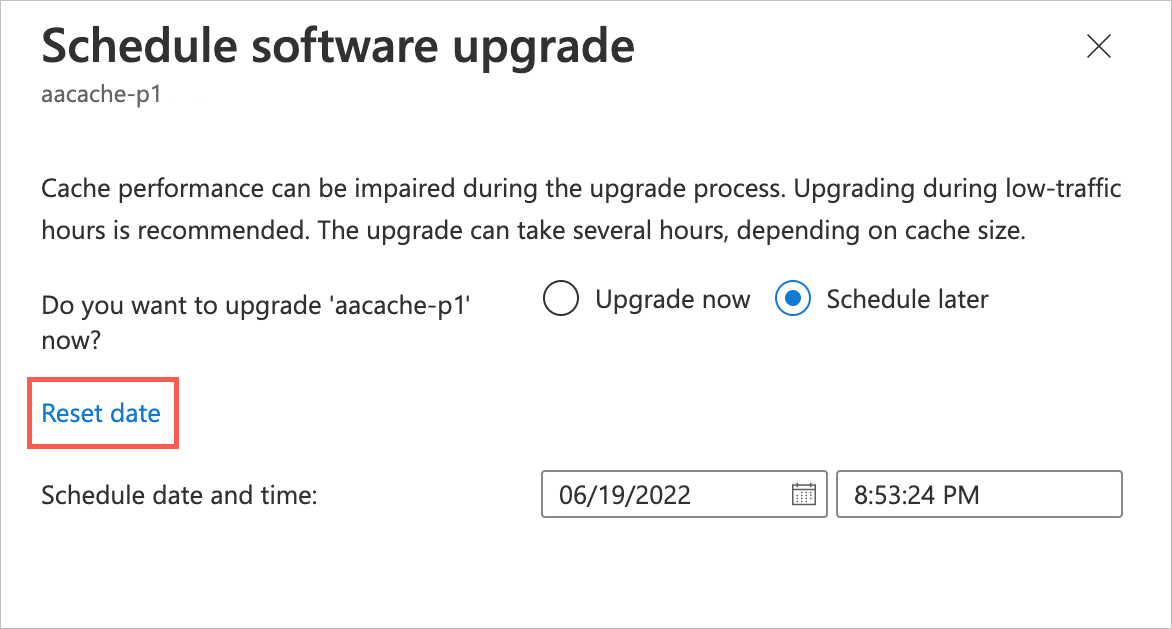 Screenshot of the Schedule software upgrade blade with a custom date selected. A text link appears at the left of the date labeled "Reset date".