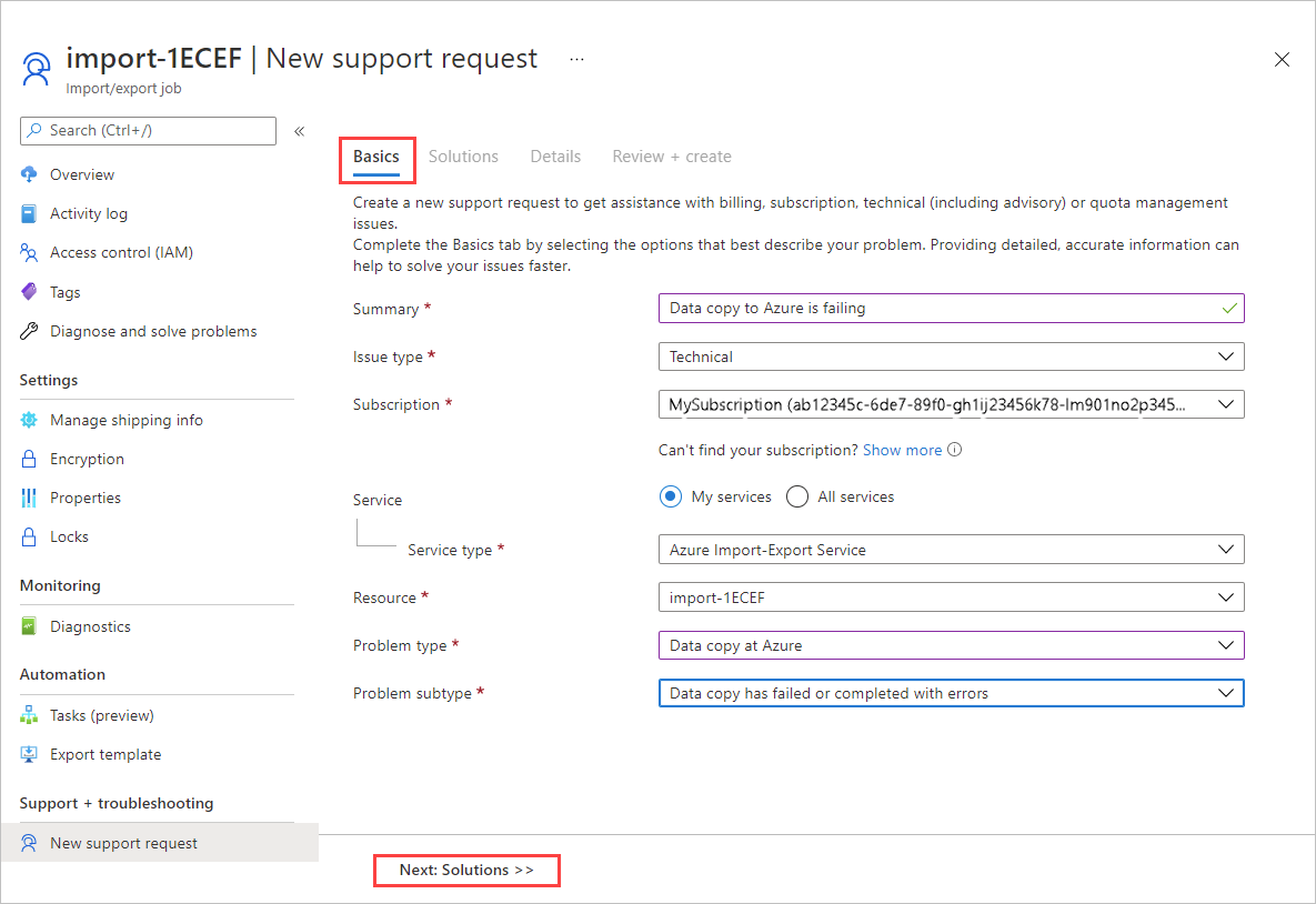 Screenshot showing info on the Basics screen for an Import/Export Service support request. The button that opens teh Solutions tab is highlighted.