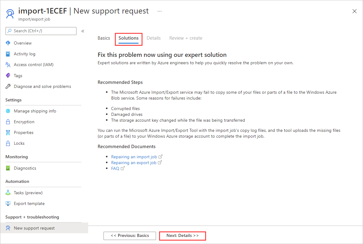 Screenshot showing the Solutions tab for an Import/Export Service support request. The Solutions tab shows expert solutions for the selected problem. The button that opens the Solutions tab is highlighted.