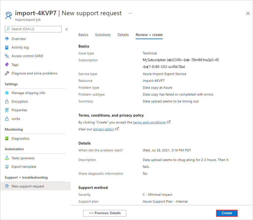 Screenshot showing the Review Plus Create tab for a new Azure support request. The Create button is highlighted.