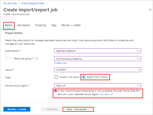 Screenshot of the Basics tab for an Azure Import Export job. Export From Azure is selected. The Try Now link for the new import/export experience is highlighted.