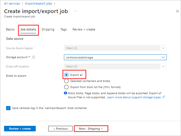 Screenshot of the Job Details tab for a new export job in Azure Import Export Jobs. Export All is highlighted beside Blobs To Export.