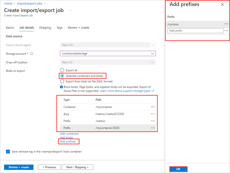 Screenshot showing selected containers and blobs for a new Azure Import/Export export job.