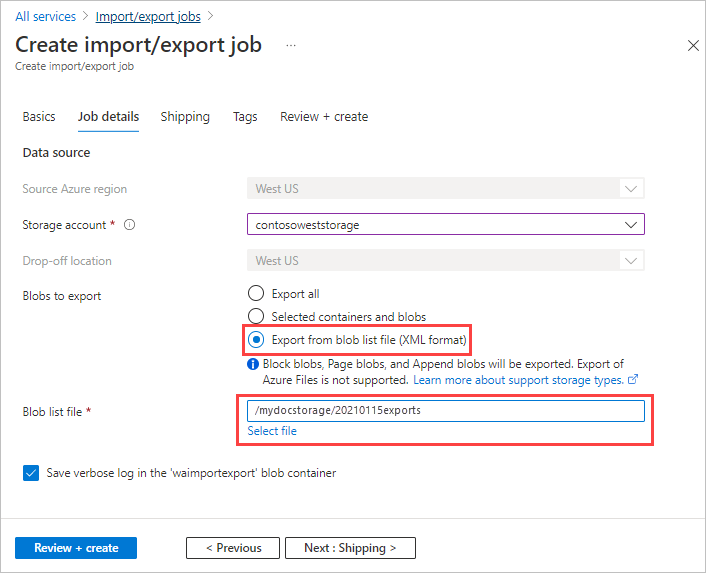 Screenshot of Job Details for Azure Import/Export job that selects blobs using a blob list file. Blob list file option and selected file are highlighted.