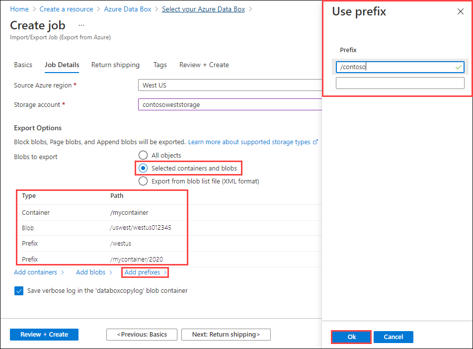 Screenshot showing selected containers and blobs for a new Azure Import/Export export job in the portal.