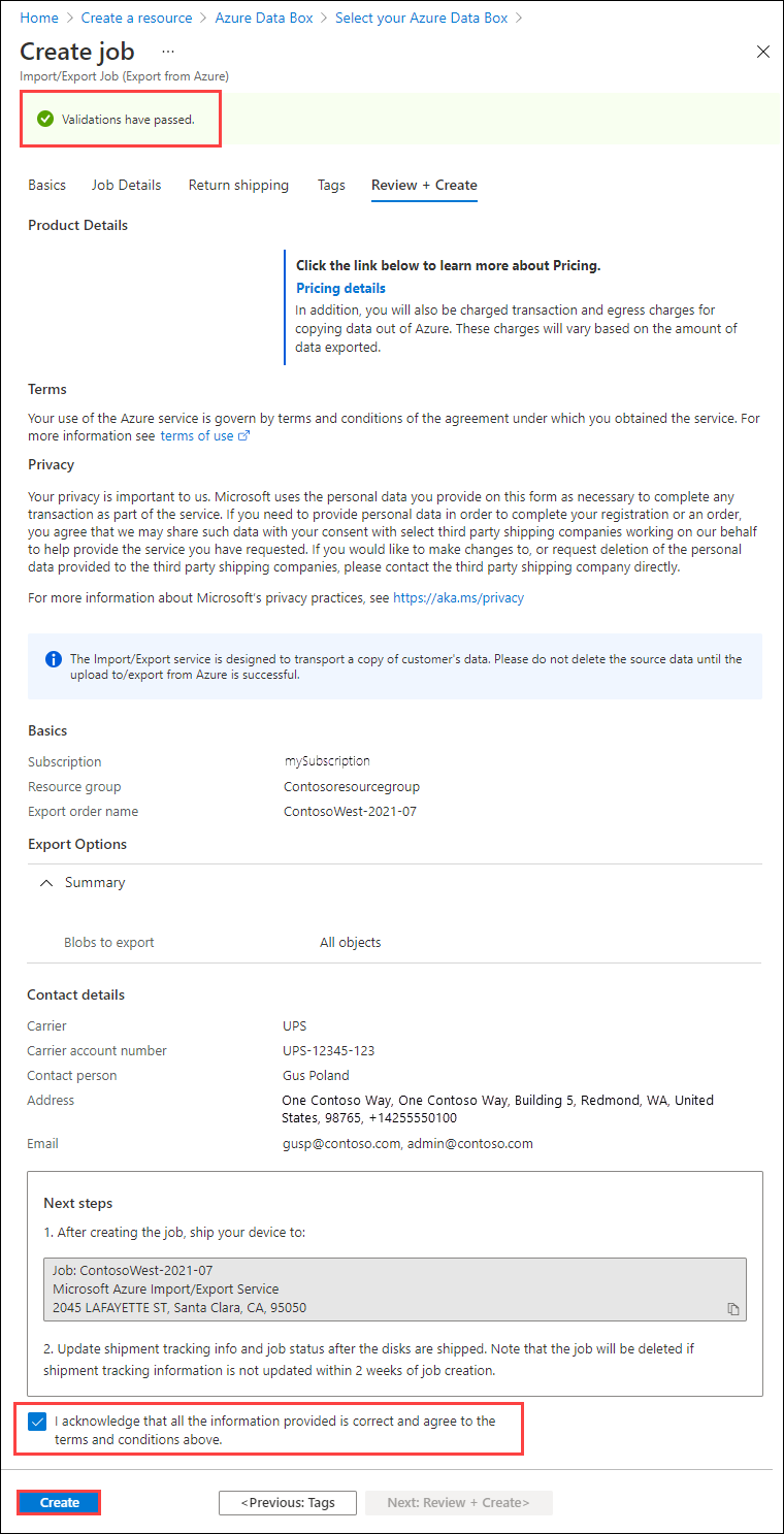 Screenshot showing the Review Plus Create tab for an Azure Import/Export job in the portal. The validation status, Terms, and Create button are highlighted.