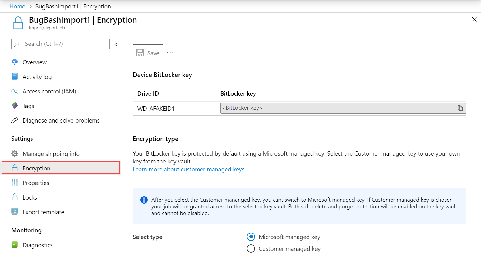 Screenshot of Encryption blade for an Azure Import/Export order. Encryption menu item is highlighted.