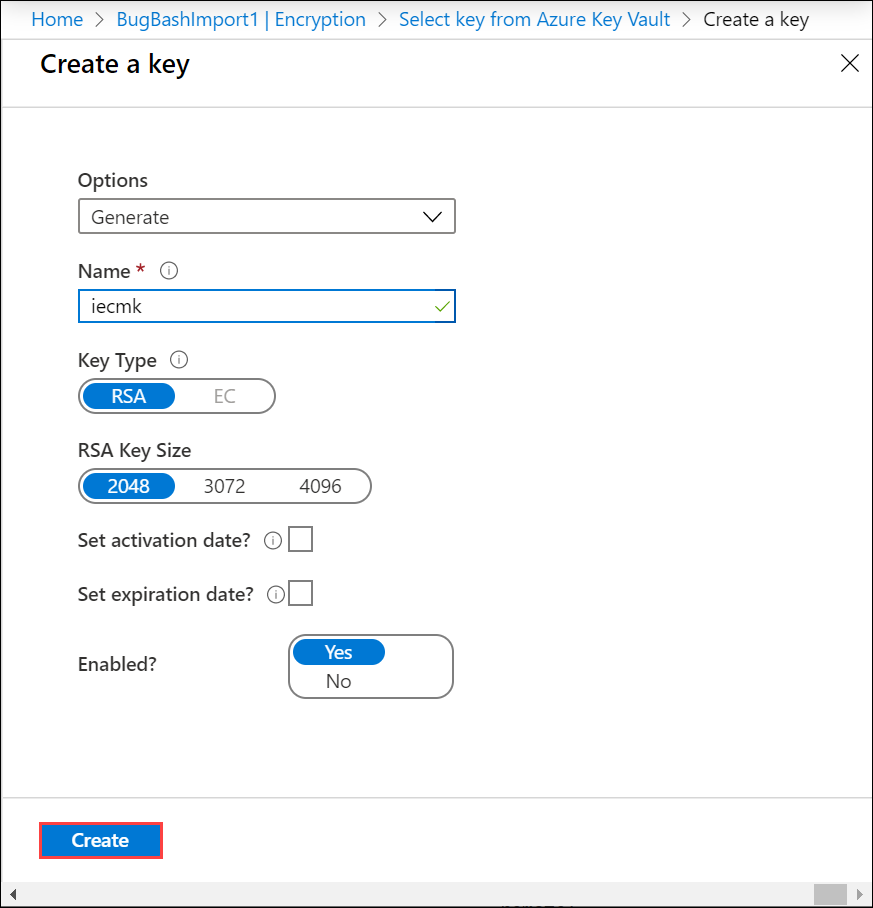 Screenshot of the "Create a key" screen for Azure Key Vault. The Create button is highlighted.