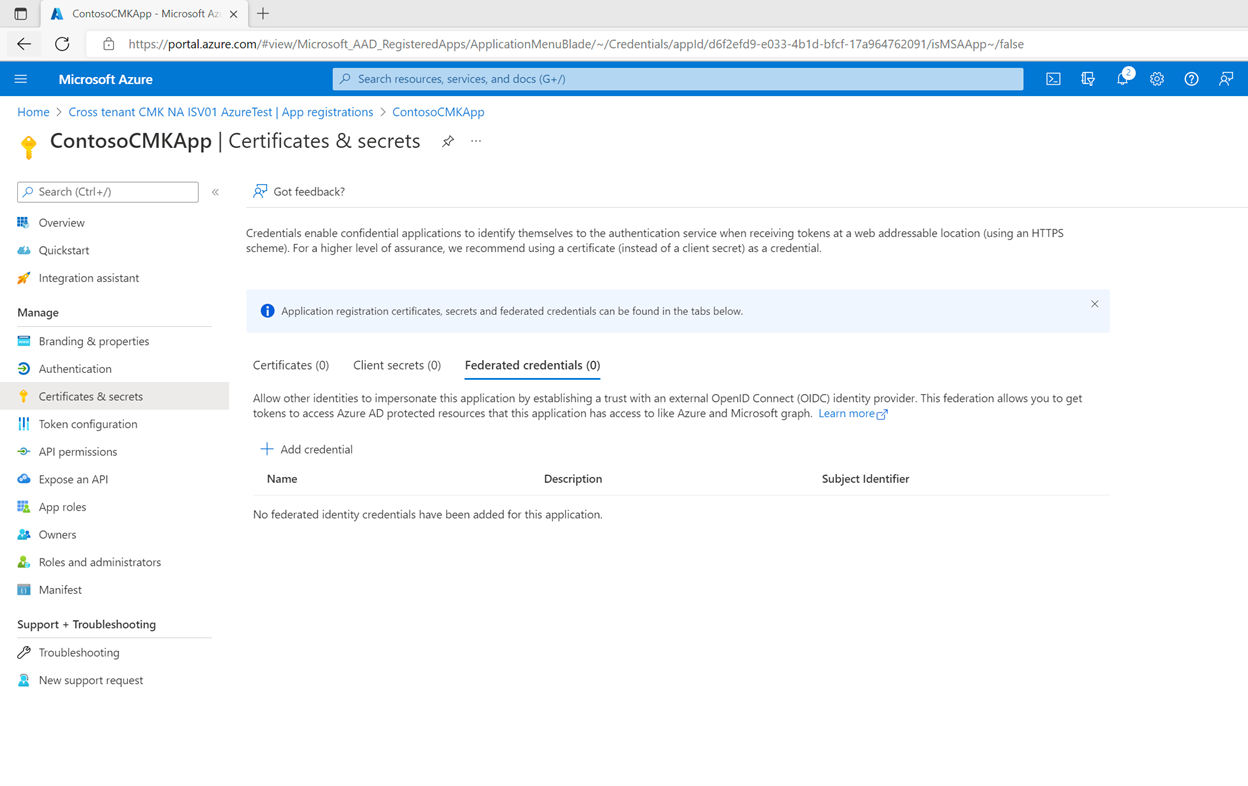 Screen shot showing how to navigate to Certificate and secrets.