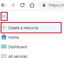 Screenshot showing + Create a resource.