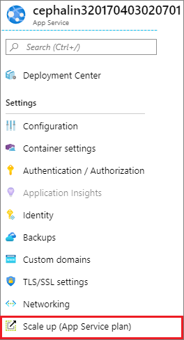Screenshot of web app menu, "Settings" section, and "Scale up (App Service plan)" selected.