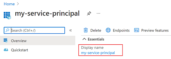 Screenshot shows the service principal display name.