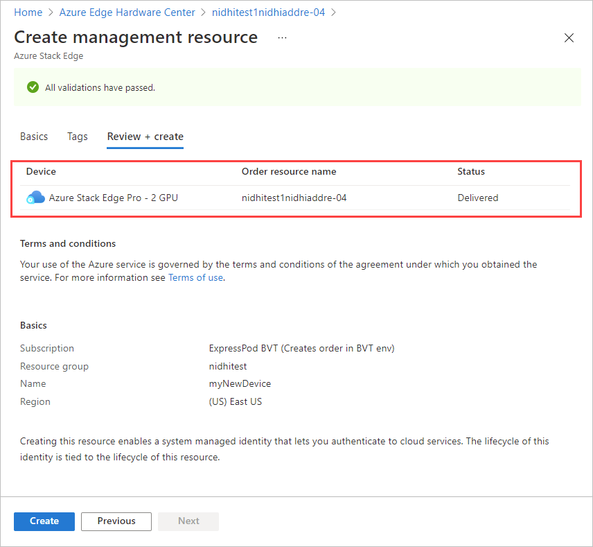 Screenshot of Review Plus Create tab when an Azure Stack Edge management resource is created for an order item in Azure Edge Hardware Center. Device order info is highlighted.