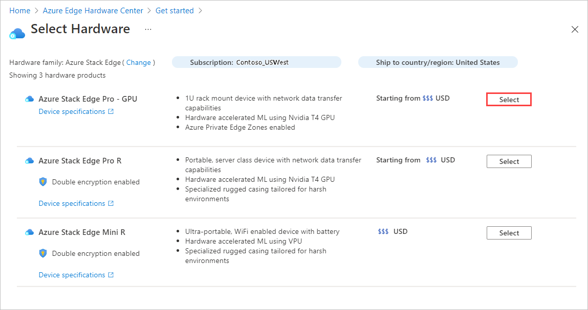 Screenshot for selecting a hardware product for an Azure Edge Hardware Center order. The Select button for a product is highlighted.