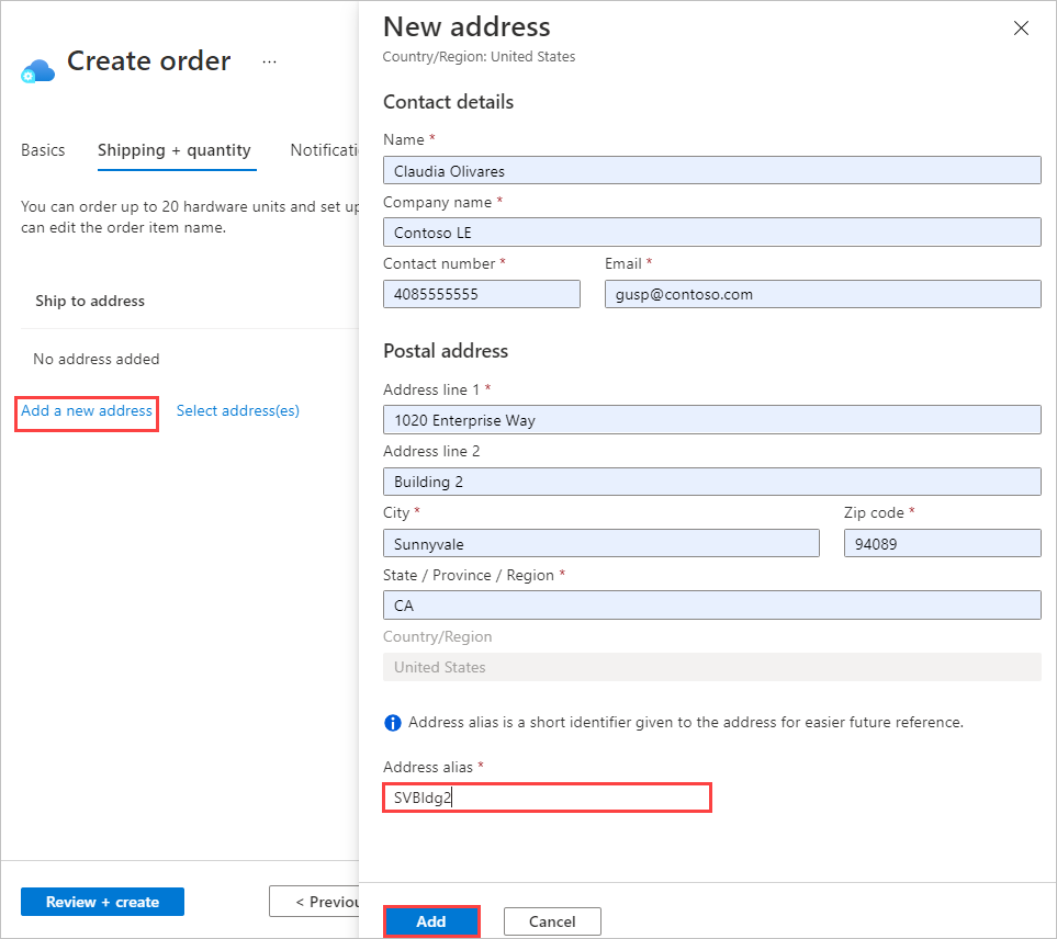 Screenshot of New address screen for Azure Edge Hardware Center order. Address alias option and Add button are highlighted.