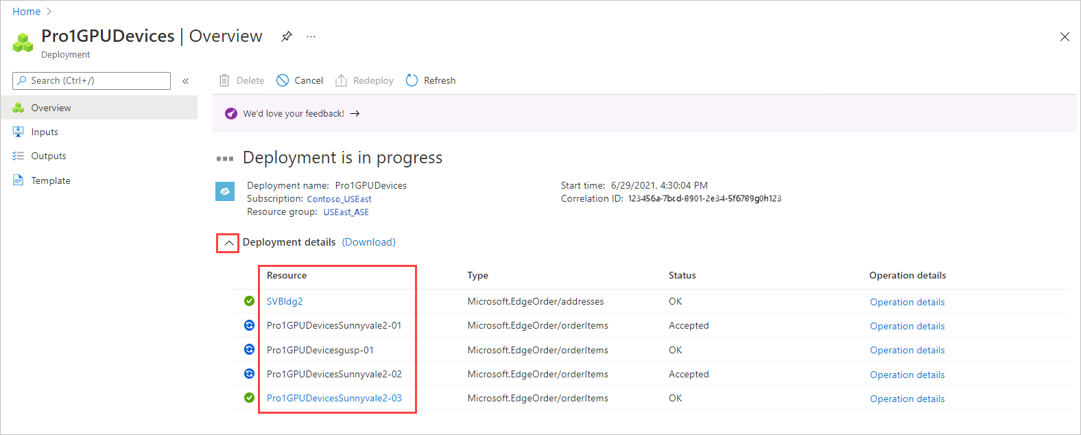 Screenshot showing Deployment Details while an Azure Edge Hardware Center order is deployed. Resource details are highlighted.