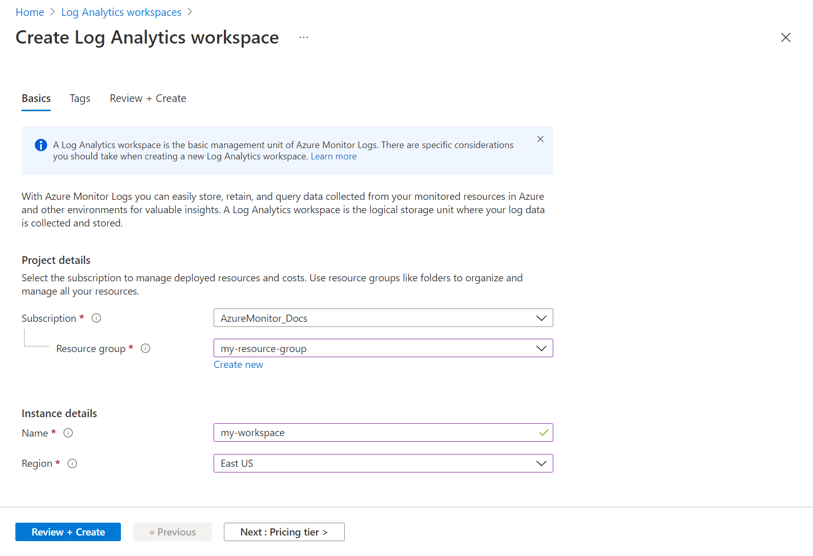  Screenshot that shows the workspace Basics tab.