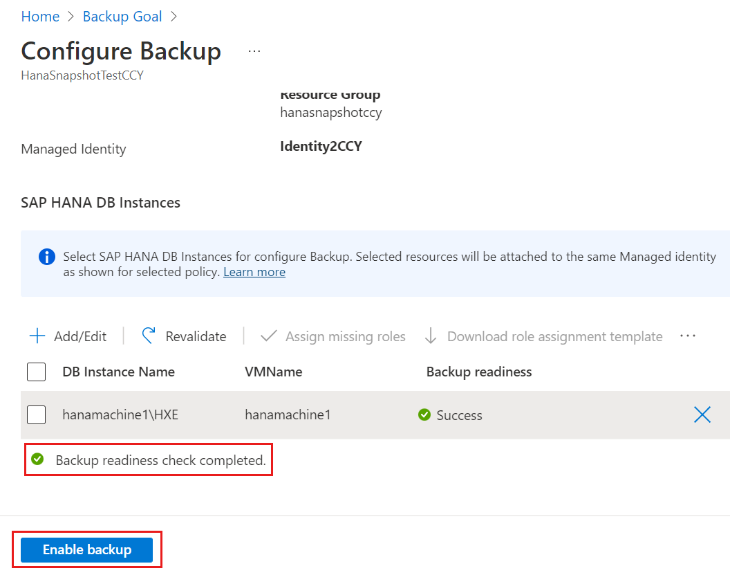 Screenshot that shows that the HANA database instance backup is ready to be enabled.