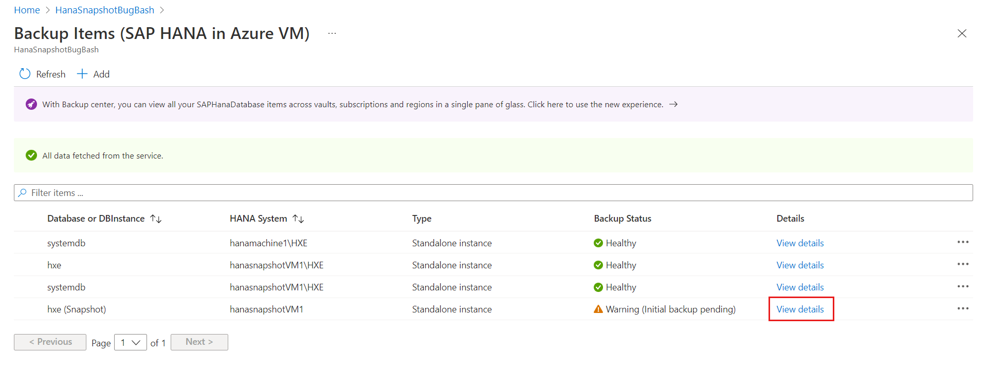 Screenshot that shows the 'View details' links next to the HANA database snapshot instances.