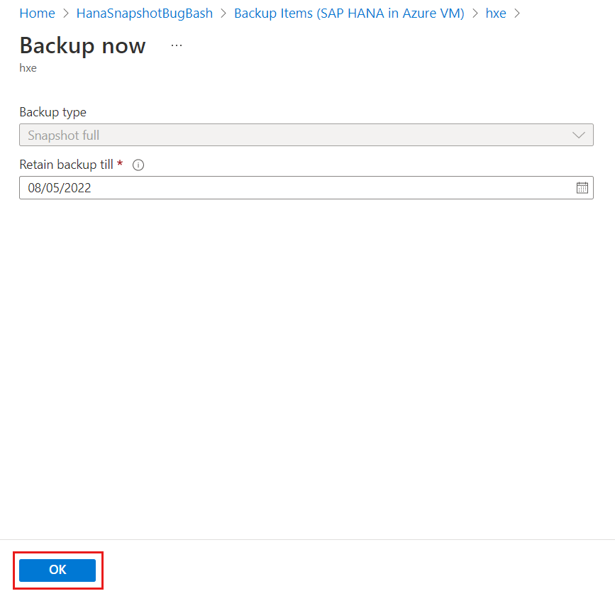 Screenshot showing to trigger HANA database snapshot instance backup.