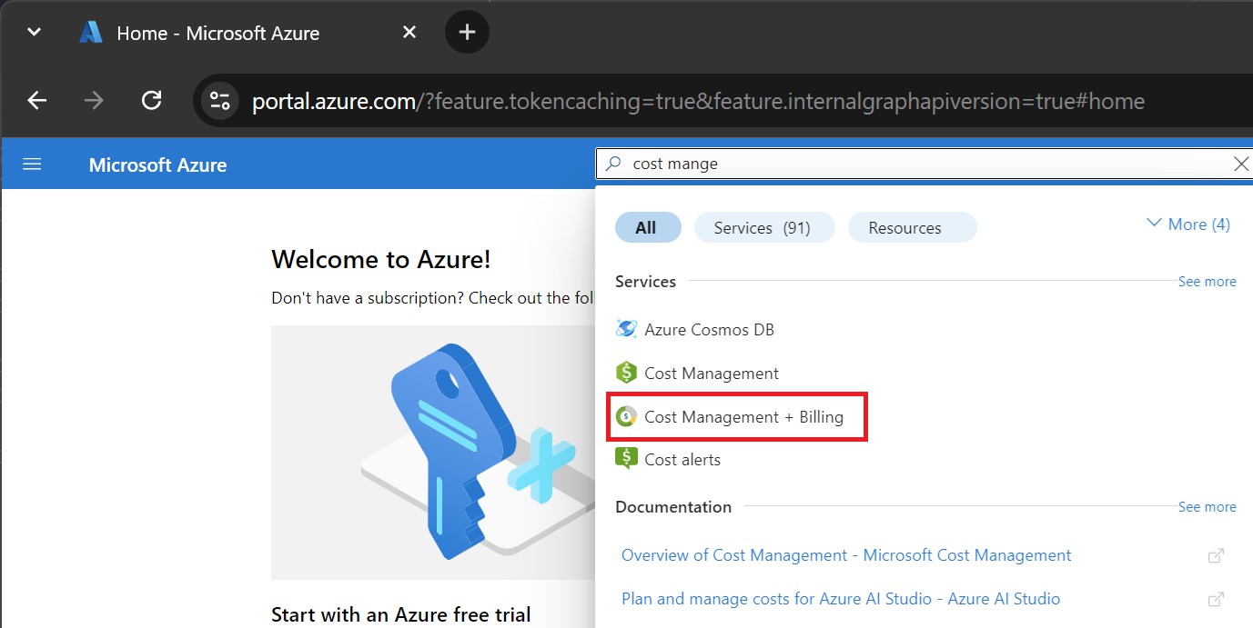 Screenshot that shows an Azure portal search for Cost Management + Billing.