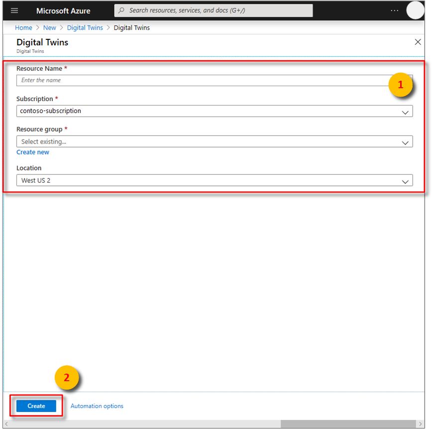 Digital Twins pane with entered information