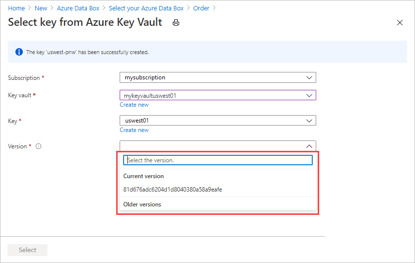 Screenshot of the "Create a Key" screen in Azure Key Vault. The Version field is highlighted, with available versions displayed.