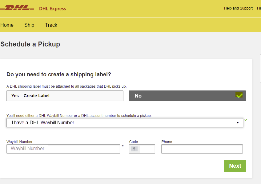Screenshot of DHL site to schedule a pickup.