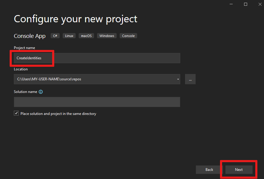 Screenshot that shows the 'Configure your new project' popup with 'CreateIdentities'.