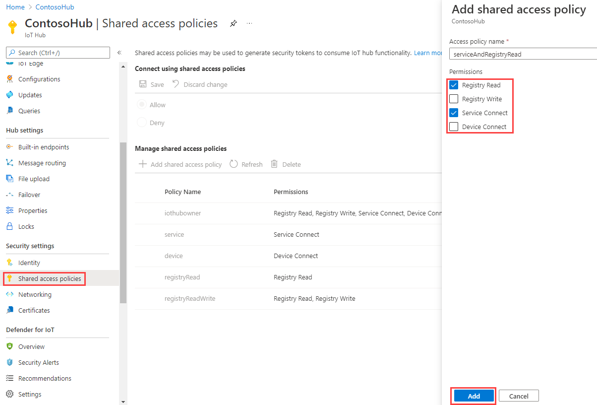 Screen capture that shows how to add a new shared access policy.
