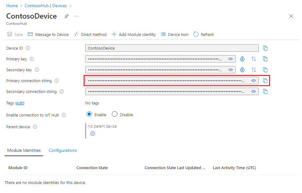 Screenshot that shows how to retrieve the primary connection string for a device registered to your IoT hub in the Azure portal.