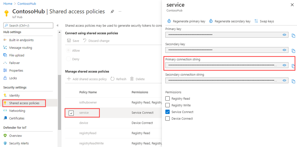 Screenshot that shows how to retrieve the connection string from your IoT Hub in the Azure portal.