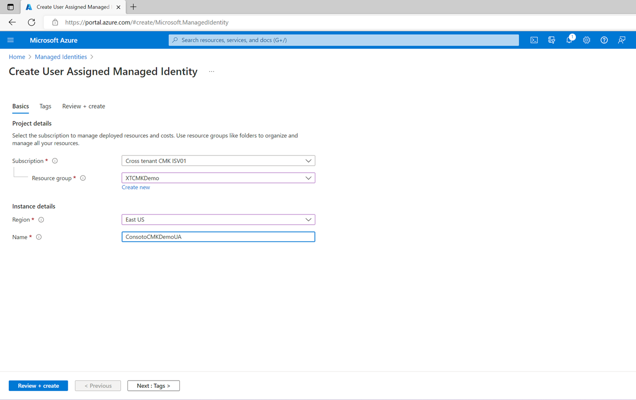 Screen shot showing how to create a resource group and a user-assigned managed identity.