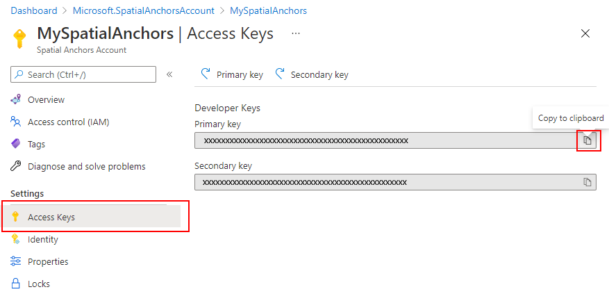 Screenshot of the Keys pane for the account.