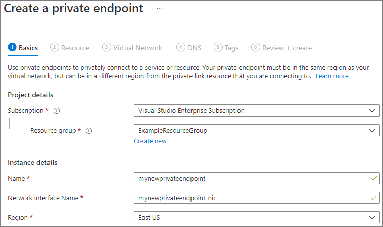 Screenshot showing how to provide the project and instance details for a new private endpoint.