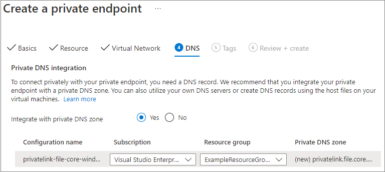 Screenshot showing how to integrate your private endpoint with a private DNS zone.